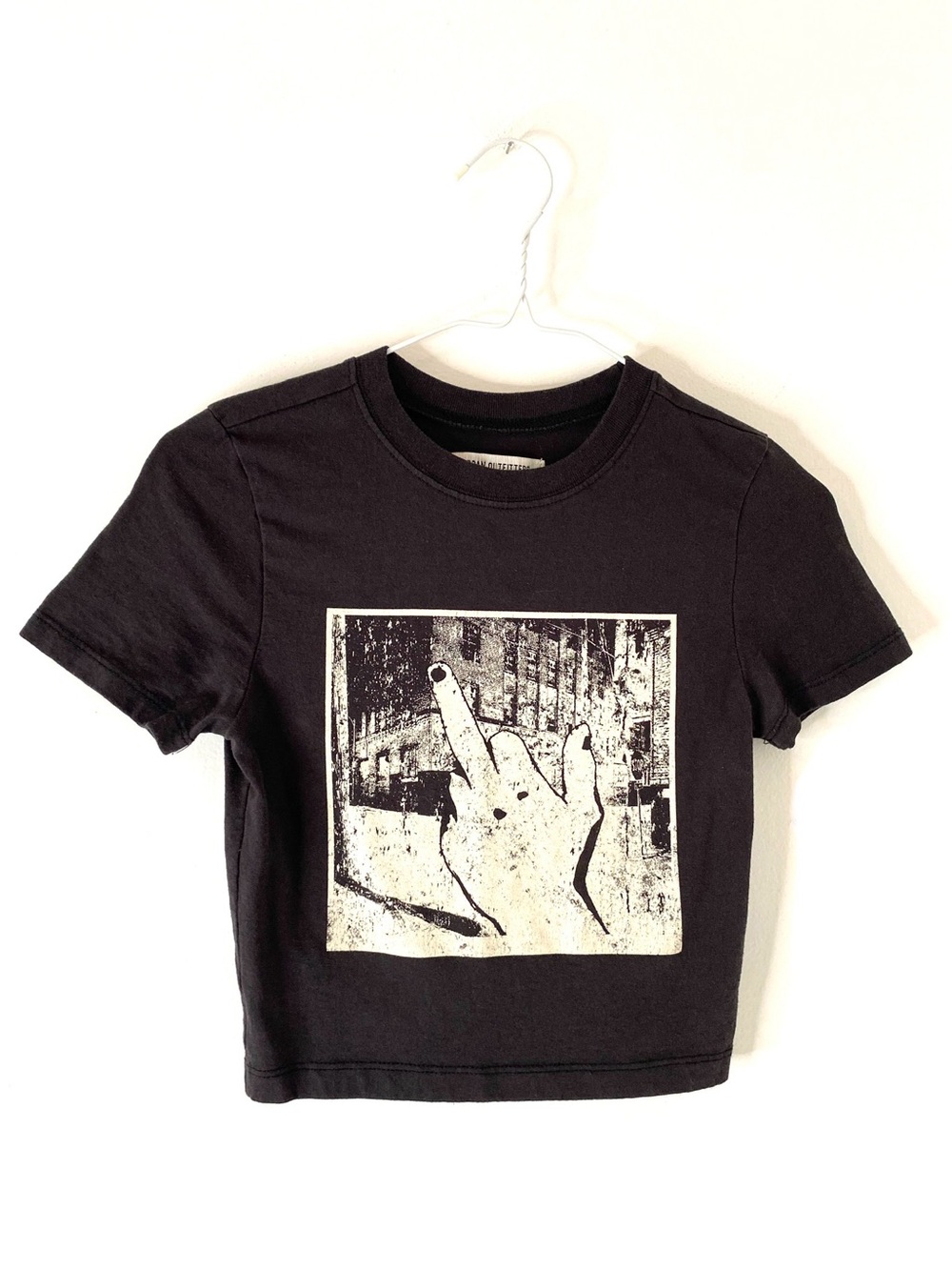 Urban Outfitters Black Middle Finger Graphic Cropped Baby Tee Y2K Grunge